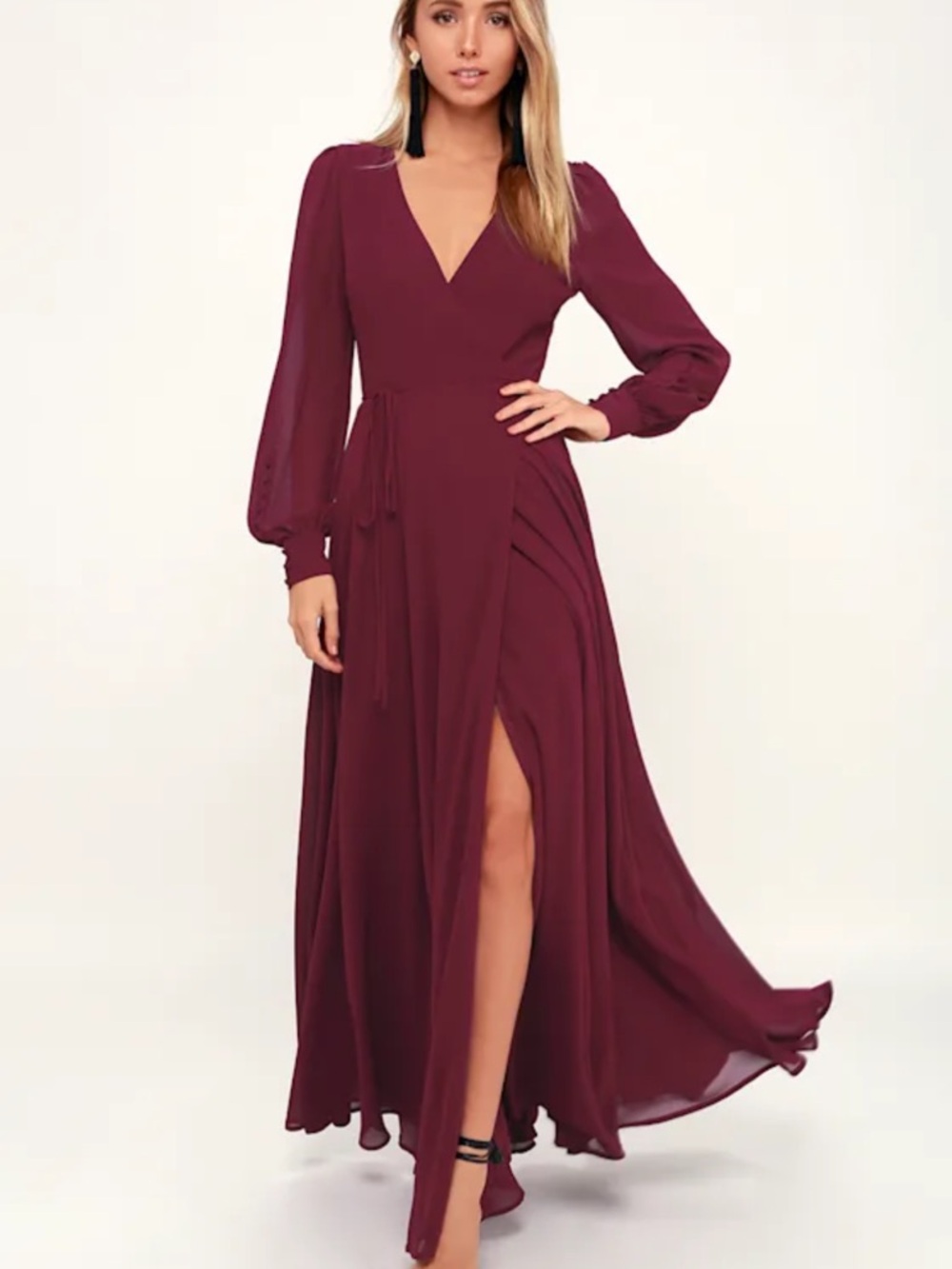 Lulus My Whole Heart Burgundy Long Sleeve Wrap Maxi Dress Size Small